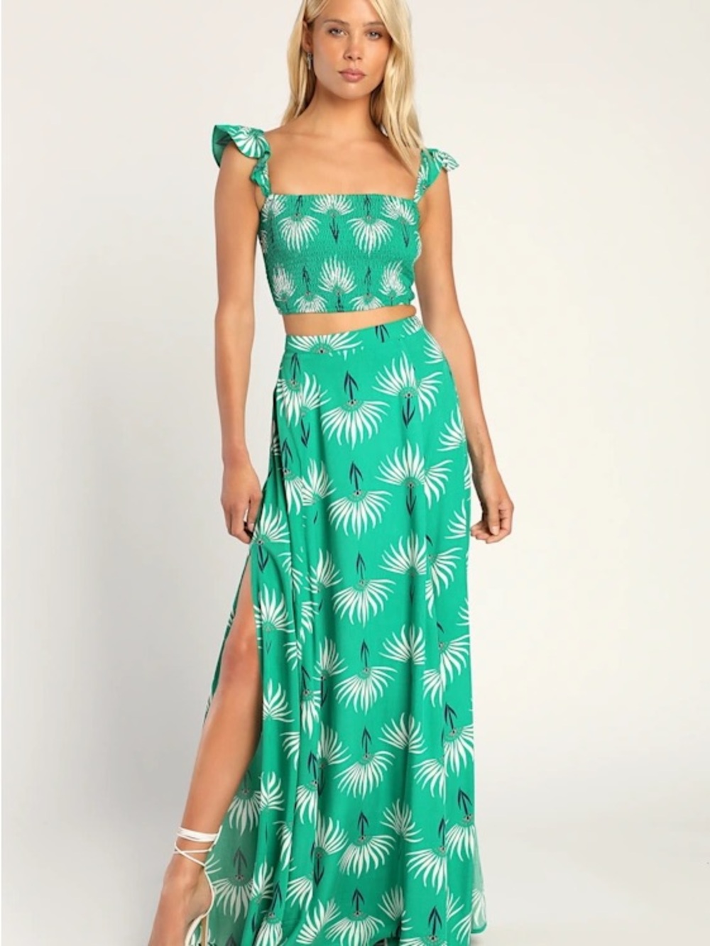 Lulu's Emerald Green Floral Maxi Dress with High Slit